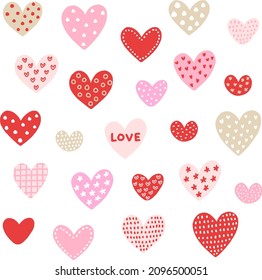 Vector illustration of various hearts. Hand drawn heart.