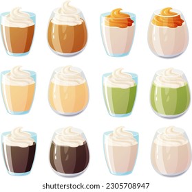 Vector illustration of various hipster pantry jars wit metal lids with flour, coffee, legumes, sugar and pasta for baking and cooking isolated on white background.	