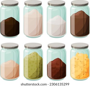 Vector illustration of various hipster pantry jars wit metal lids with flour, coffee, legumes, sugar and pasta for baking and cooking isolated on white background.	
