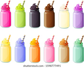Vector illustration of various hipster trend mason jars with colorful smoothies isolated on a white background