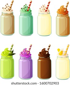 Vector illustration of various hipster trend smoothies, milk shakes and beverages in mason jars isolated on white background
