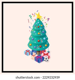 Vector illustration of various holiday and merry christmas realistic pile gifts boxes. with colorful spark and tree.  Open gift box. Decorative festive object.