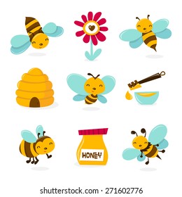 A vector illustration of various honey bee theme characters and icons. 