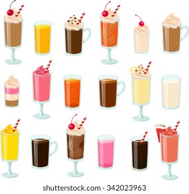 Vector illustration of various hot and cold drinks.