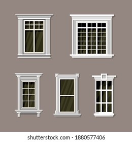 Vector illustration of various house window designs set. Suitable for the design elements of an elegant classic building. External view of the template window frame collection.