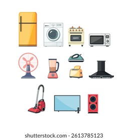 vector illustration of various household appliances including a fridge, washing machine, oven, microwave, fan, blender, iron, vacuum, TV, speaker, and more.