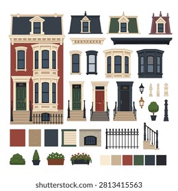 Vector illustration of various houses in bright pastel colors with plants and furniture