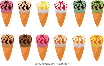 Vector illustration of various ice cream cones.