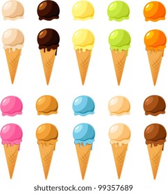 Vector illustration of various ice cream cones plus additional scoops