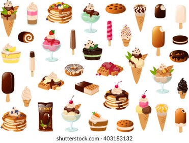 Vector illustration of various ice creams and cakes.