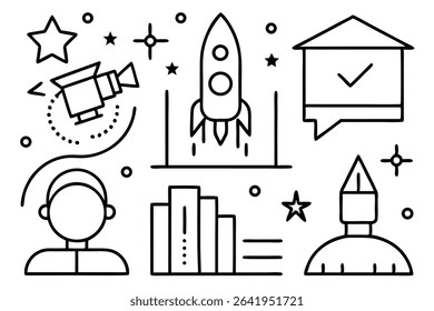 Vector illustration of various icons representing concepts such as space travel and communication in clean black and white lines