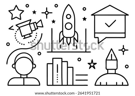 Vector illustration of various icons representing concepts such as space travel and communication in clean black and white lines