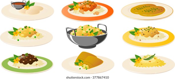 Imagen vectorial de varios platos indios.
