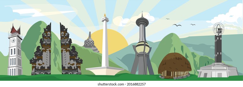 Ilustración vectorial de varios monumentos indonesios. Java, Sumatra, Borneo, Sulawesi, Nueva Guinea.