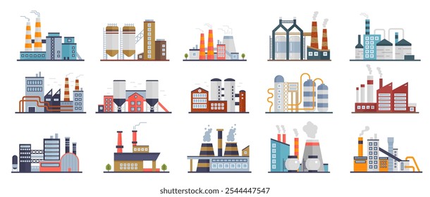 Vektorgrafik verschiedener industrieller Fabrikgebäude mit einzigartigen architektonischen Entwürfen und Ausrüstungen, die verschiedene Sektoren der Fertigungs-, Produktions- und Verarbeitungsindustrie darstellen