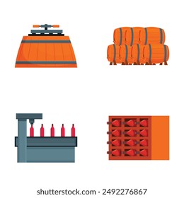 Vector illustration of various industrial machines and equipment, including factory line icons