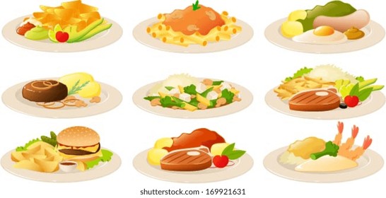 Vector illustration of various international dishes.