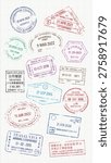 Vector illustration of various international passport stamps in different colors and shapes on a grid background, representing global travel and immigration.