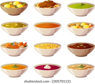 Vector illustration of various international soups and stews in colorful bowls isolated on white background.	