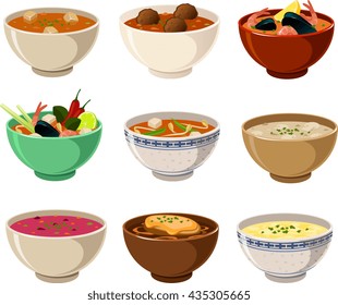 Vector illustration of various international soups