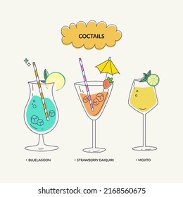  Vector illustration. Various isolated cocktail glass with beverages. Trendy design for summer beach party invitation, bar menu of alcohol drinks, cocktail card. 