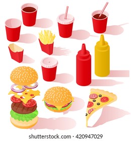 A vector illustration of various isometric fast food isolated on white background. Burger ingredients concept.