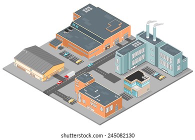 A Vector Illustration Of Various Isometric Modern Buildings Set In A Business Park. Isometric Urban Scene Of A Business Park. Isometric Industrial Business Park.