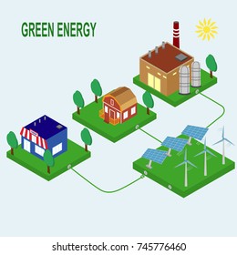 A vector illustration of various isometric modern buildings using solar power.