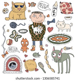 Vector illustration of various items for cats. Collection of cats and kittens. The man and the kitten. Doodles, hand-drawn, cartoon.