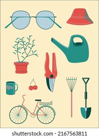 vector illustration: various items used during work and rest in the garden in summer - bicycle, glasses, hat, cup, cherry, shovel, rake, watering can