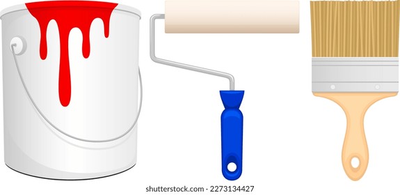 Vector illustration of various items used for painting: a can of red paint, a paint roller, and a paintbrush.