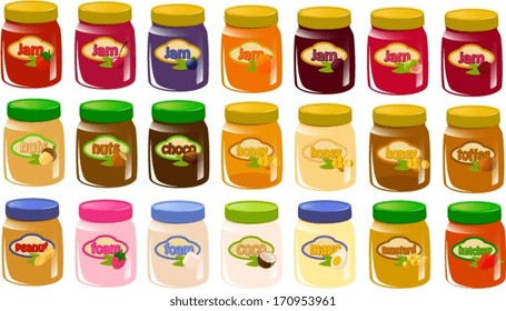 Vector illustration of various jams, nut butters, honeys and condiments.