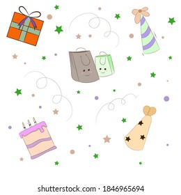Vector illustration of various kawaii birthday gifts wallpaper.