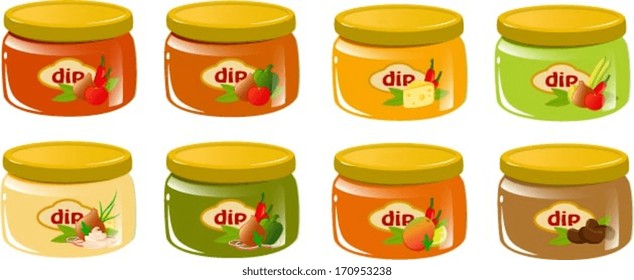 Vector illustration of various kind of salsas and dips. svg