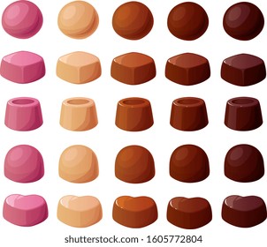 Vector illustration of various kinds of filled chocolate truffles, pralines and bonbons isolated on a white background