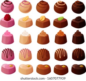 Vector illustration of various kinds of filled chocolate truffles, pralines and bonbons isolated on a white background