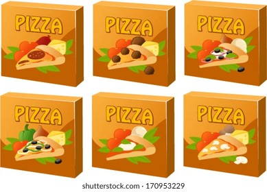 Vector illustration of various kinds of frozen pizzas.