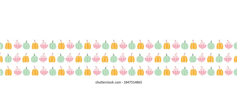 Vector illustration. Various kinds of hand drawn pumpkins horizontal seamless pattern border background.