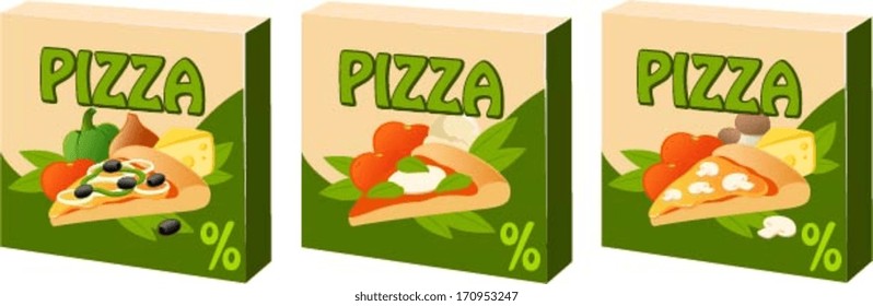 Vector illustration of various kinds of healthy pizzas.
