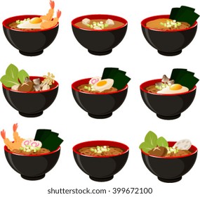 Vector illustration of various kinds of japanese noodle soups.