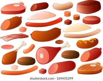 Vector illustration of various kinds of meat.