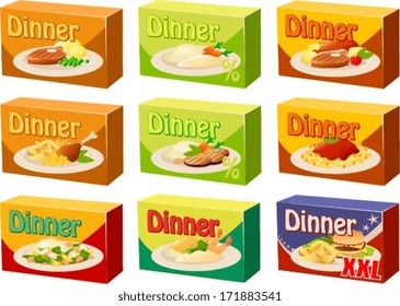 Vector illustration of  various kinds of microwave dinners.