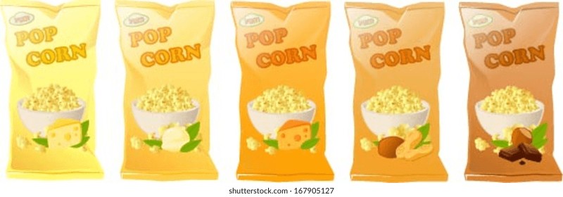 Vector illustration of various kinds of popcorn bags.