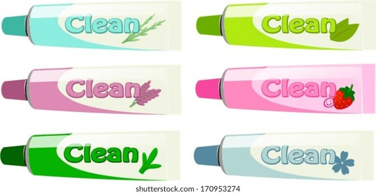 Vector illustration of various kinds of tooth pastes.