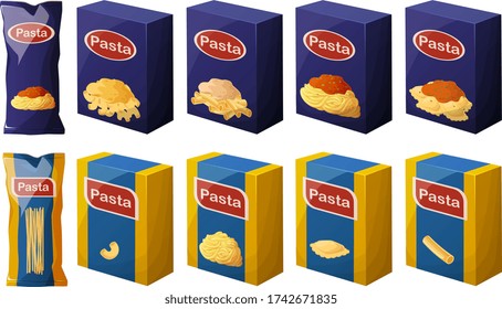 Vector illustration of various kinds of traditional Italian pasta boxes and bags isolated on white background