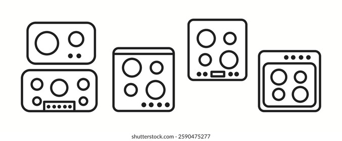 Vector illustration of various kitchen cooktop designs seen from a top-down perspective. Ideal for kitchen planning, home design, and interior layouts.