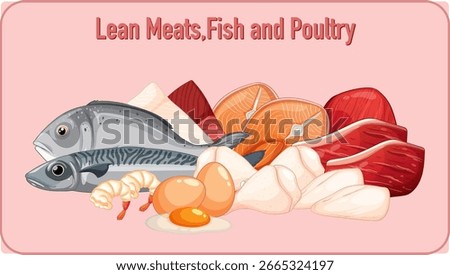 Vector illustration of various lean meats, fish, eggs, and poultry on a pink background, using clean lines, soft gradients, and realistic colors