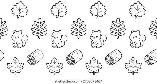 Vector illustration of various leaves, squirrel, log, coloring page for kids, Christmas festival.