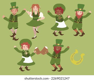 Vector illustration of various leprechauns dancing, drinking beer and having fun.