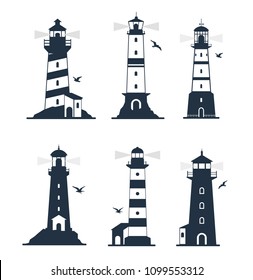 Vector illustration of various lighthouse marine labels and emblems. Lighthouse icon set with  seagulls. Lighthouse and beacon building in sea illustration.